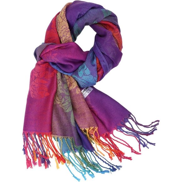 Colorful Flowers Jacquard Cotton Pashmina Women’s Wrap Shawl with Tassels Scarf - Picture 5 of 8